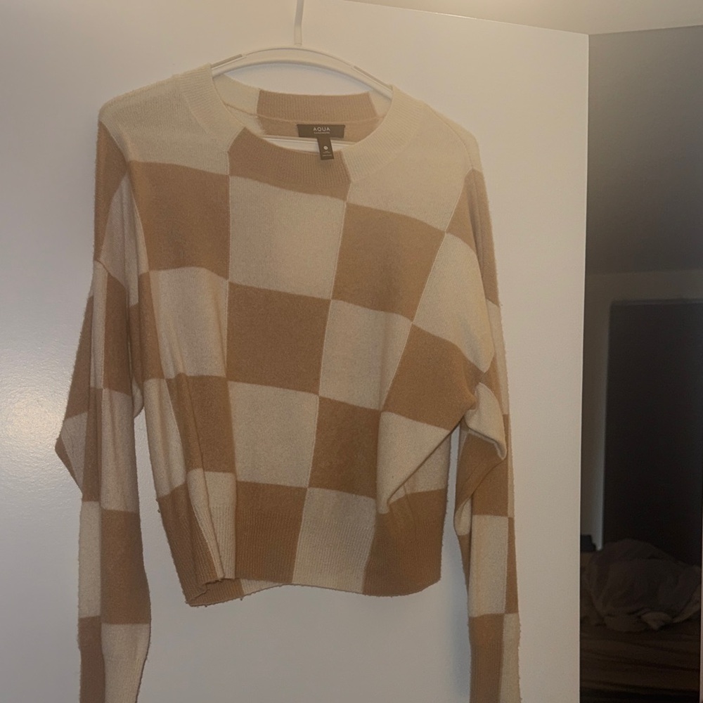 Aqua Tan and Cream Checkered Cashmere Sweater